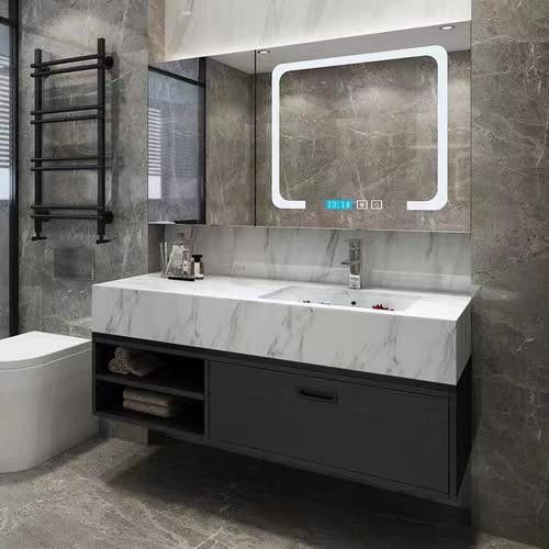 Apartamento Superfície Sólida Banheiro Preto Espelho LED Gabinete Alto CAD Design Vanity Combo