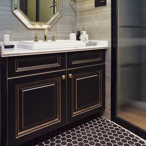 Apartamento Superfície Sólida Banheiro Preto Espelho LED Gabinete Alto CAD Design Vanity Combo