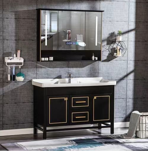 Apartamento Superfície Sólida Banheiro Preto Espelho LED Gabinete Alto CAD Design Vanity Combo