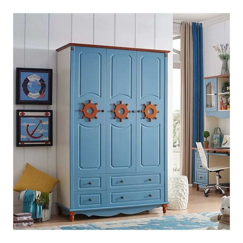 Quarto de dormir Mobiliário de armário azul para crianças Guarda-roupa PANEL estilo de madeira Embalagem de correio N
