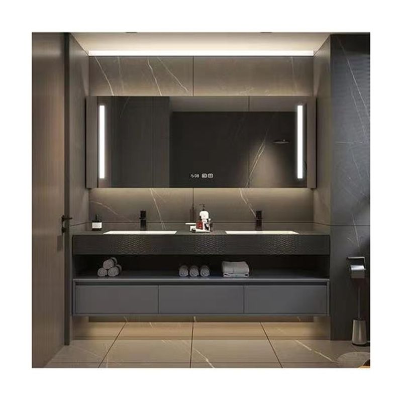 Material de porta de madeira maciça Sliding gabinete de espelhos de banheiro com design sem alça leve