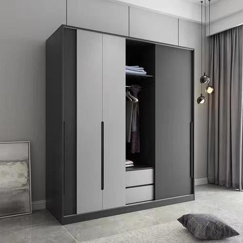 Armário modular de design minimalista cinza fosco com estilo moderno e painéis de estilo de madeira