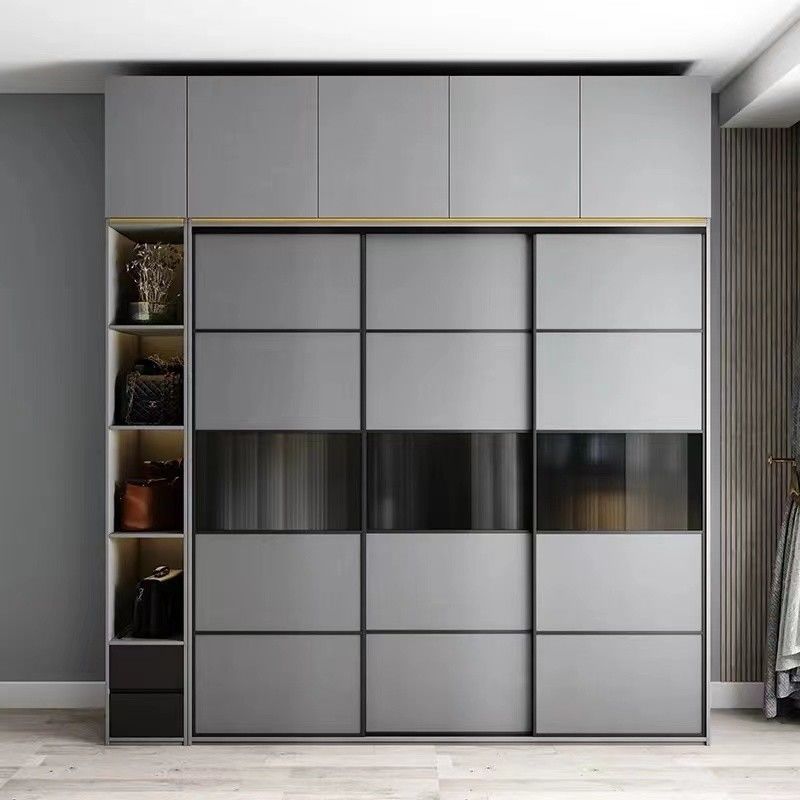 Armário modular de design minimalista cinza fosco com estilo moderno e painéis de estilo de madeira