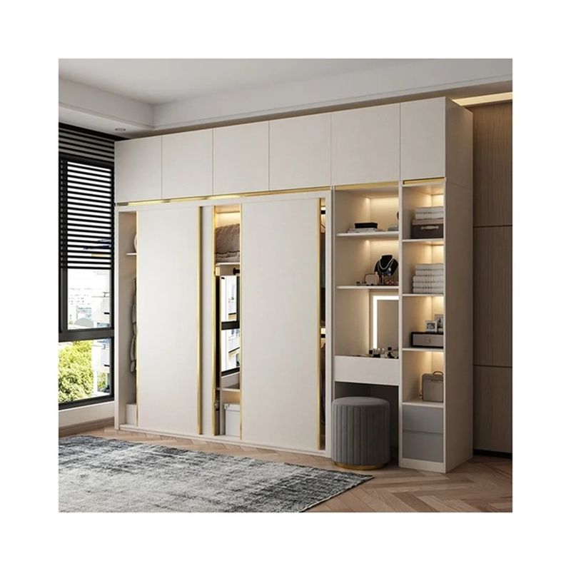 YALIG Madeira Massiva Quarto Completo Parede 3 Portas Esquina Guarda-roupa com Espelho Mesa de Vestido