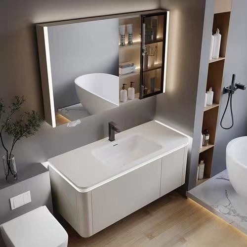 YALIG Customizado Counter Wash Basin Armário Branco de Madeira Banheiro Armários de Vanidade com Espelho de Prata