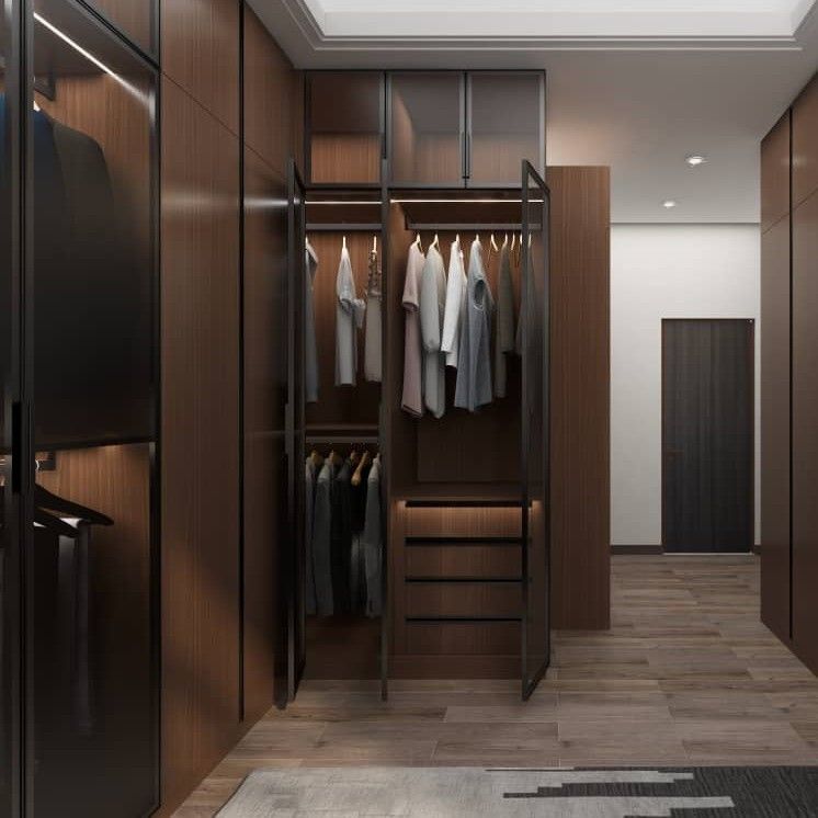 Quarto de quarto de hotel 5 estrelas, guarda-roupa de madeira de estilo moderno para organização de armazenamento.