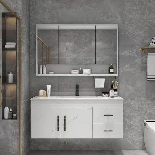 Rectangular Branco Matte Laca Vanity pintura com suave fechar gaveta e Quartz Stone Countertop