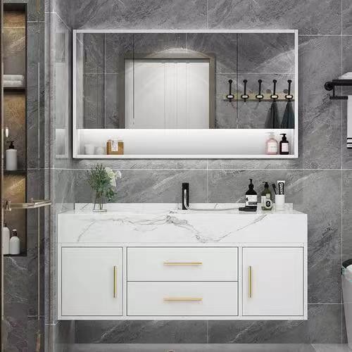 Rectangular Branco Matte Laca Vanity pintura com suave fechar gaveta e Quartz Stone Countertop