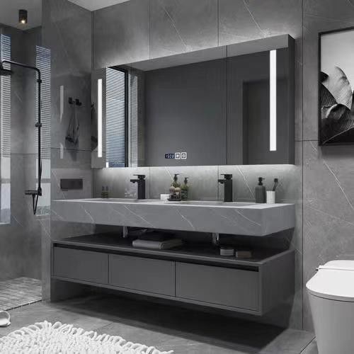 YALIG Armazém de banheiro de madeira compensada Vanity Set com lavatório duplo e Vanity Terra Deus Mão