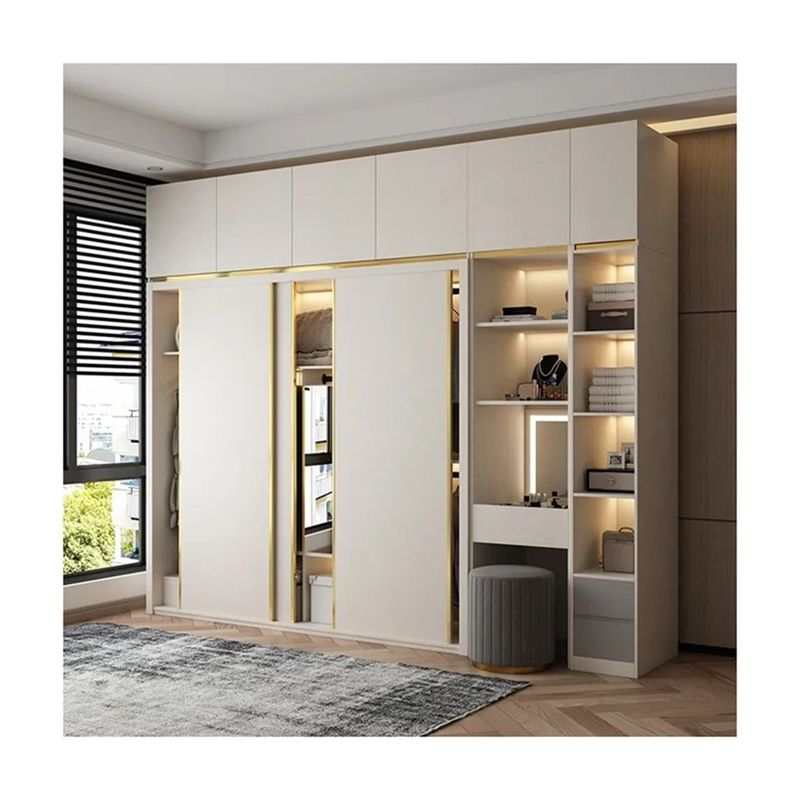 Mobiliário de quarto moderno Armário de madeira com espelho deslizante e sem estilo dobrado